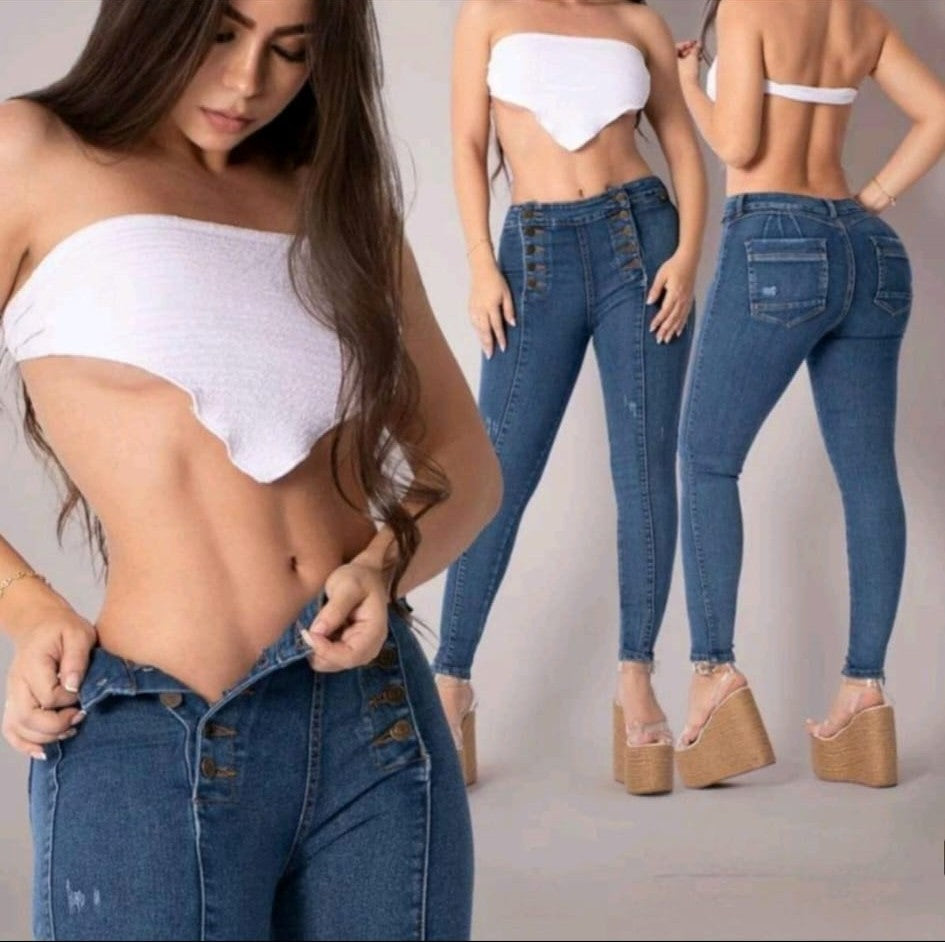 Jeans Levanta Cola Tiro Alto con Botonadura Frontal