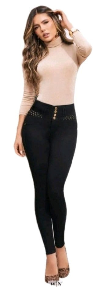 Jeans Levanta Cola Negro con Detalles Decorativos
